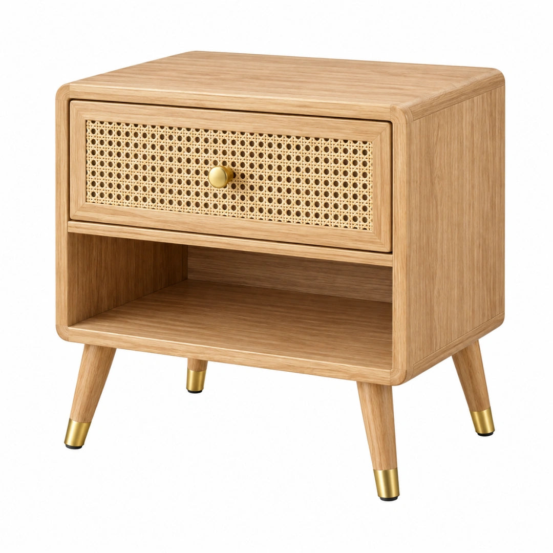 Table de chevet 45 x 40 x 55 cm en bois naturel et cannage style rétro avec tiroir et niche