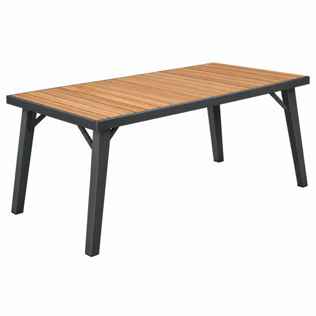 Table de jardin 180 x 90 x 75 cm plateau en bois pieds en métal noir style contemporain