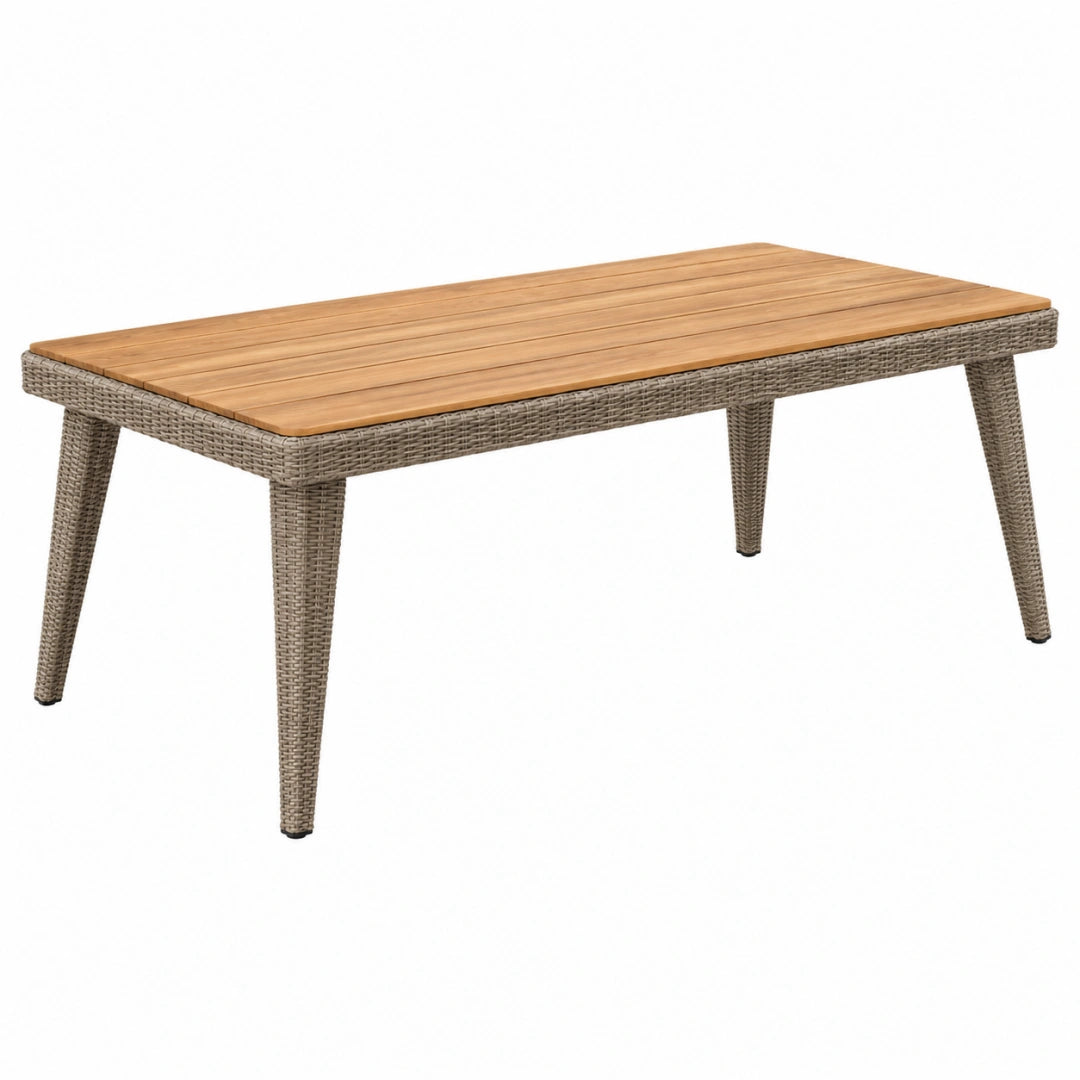 Table de jardin 180 x 90 x 75 cm en bois et résine tressée taupe style contemporain