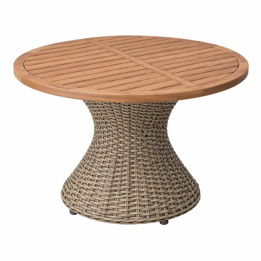 Table de jardin ronde diamètre 120 cm hauteur 75 cm en bois et résine tressée marron style naturel