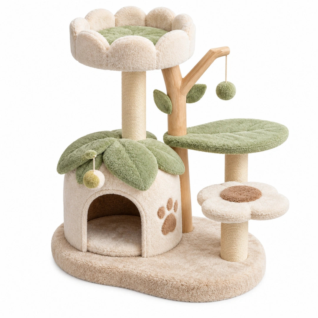 Arbre à chat 70 x 50 x 120 cm en bois beige et vert avec griffoirs en sisal