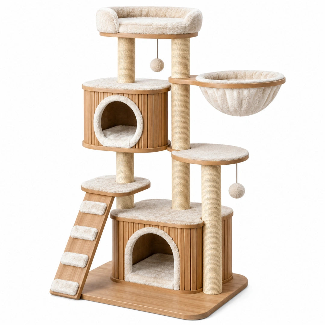 Arbre à chat 70 x 55 x 150 cm beige et bois avec sisal plateformes niches hamac et rampe