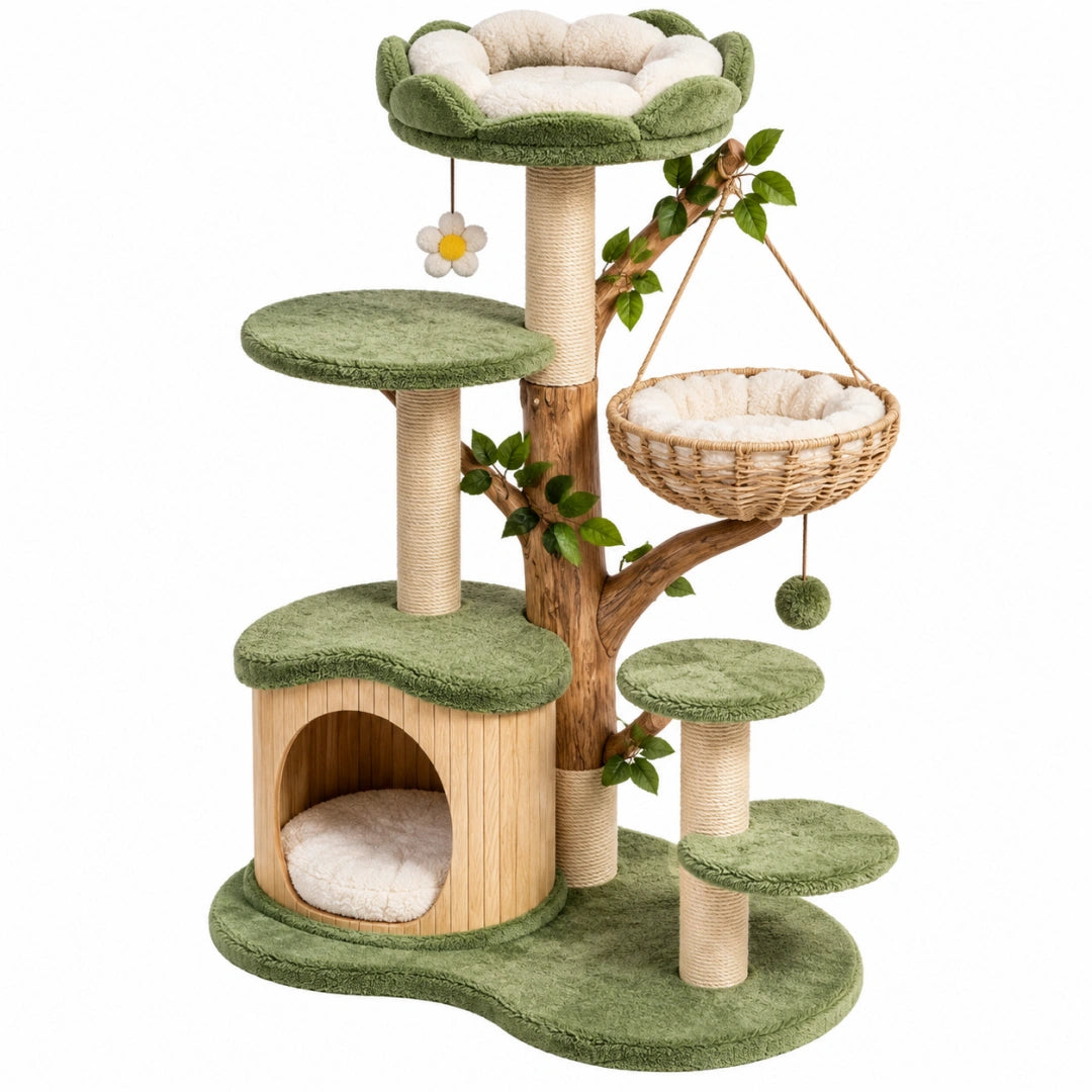Arbre à chat 80 x 60 x 150 cm en bois sisal vert beige et marron avec plateformes et niche