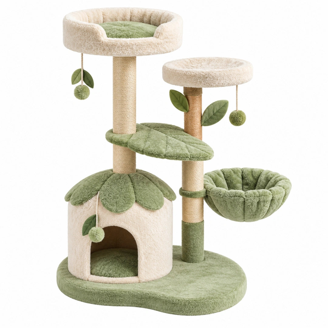 Arbre à chat 60 x 50 x 145 cm en peluche vert et beige avec griffoirs et plateformes style végétal