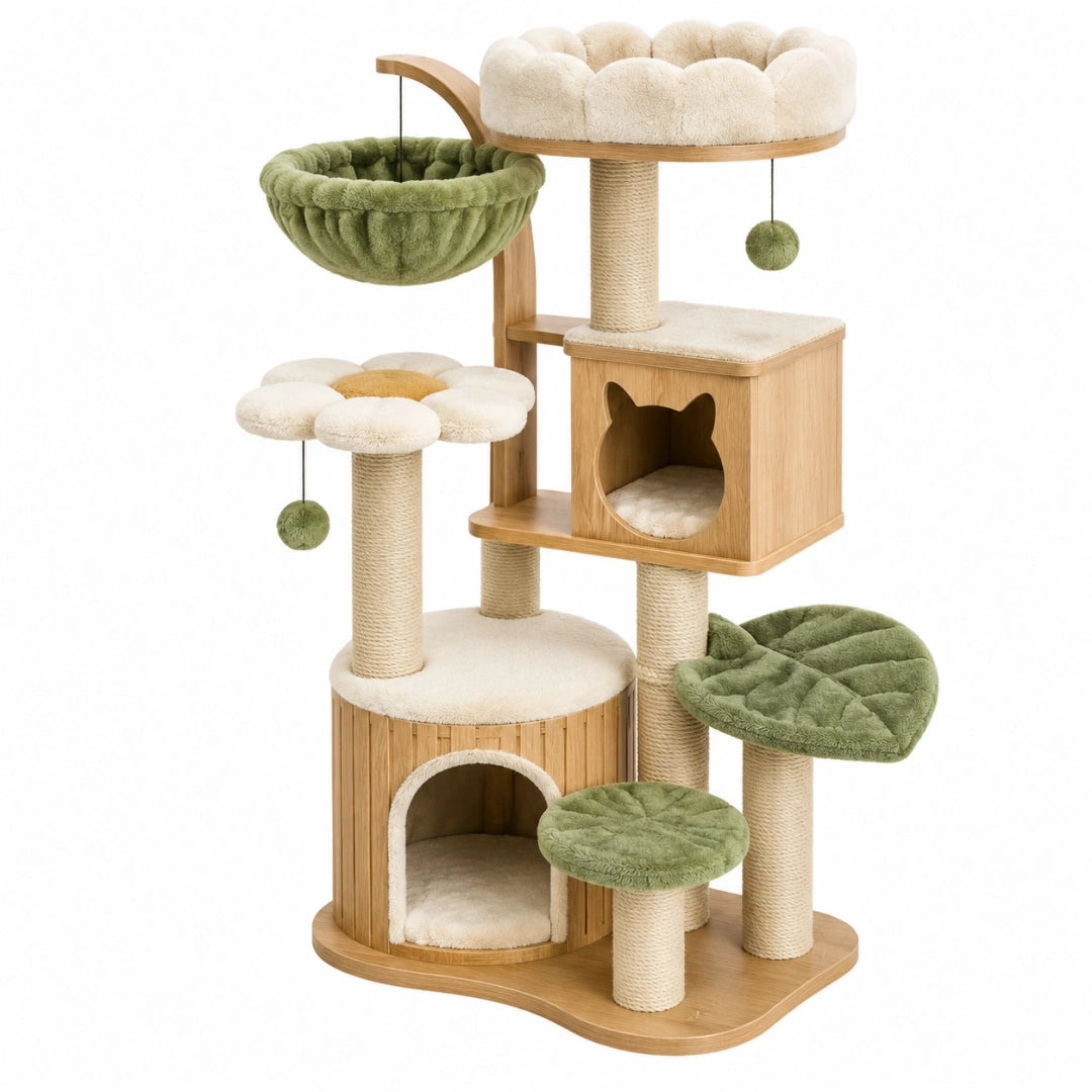 Arbre à chat 60 x 60 x 160 cm en bois beige et vert avec griffoirs et niches