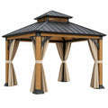 Tonnelle de jardin 300 x 300 cm en bois naturel noir et beige avec toit métallique et rideaux
