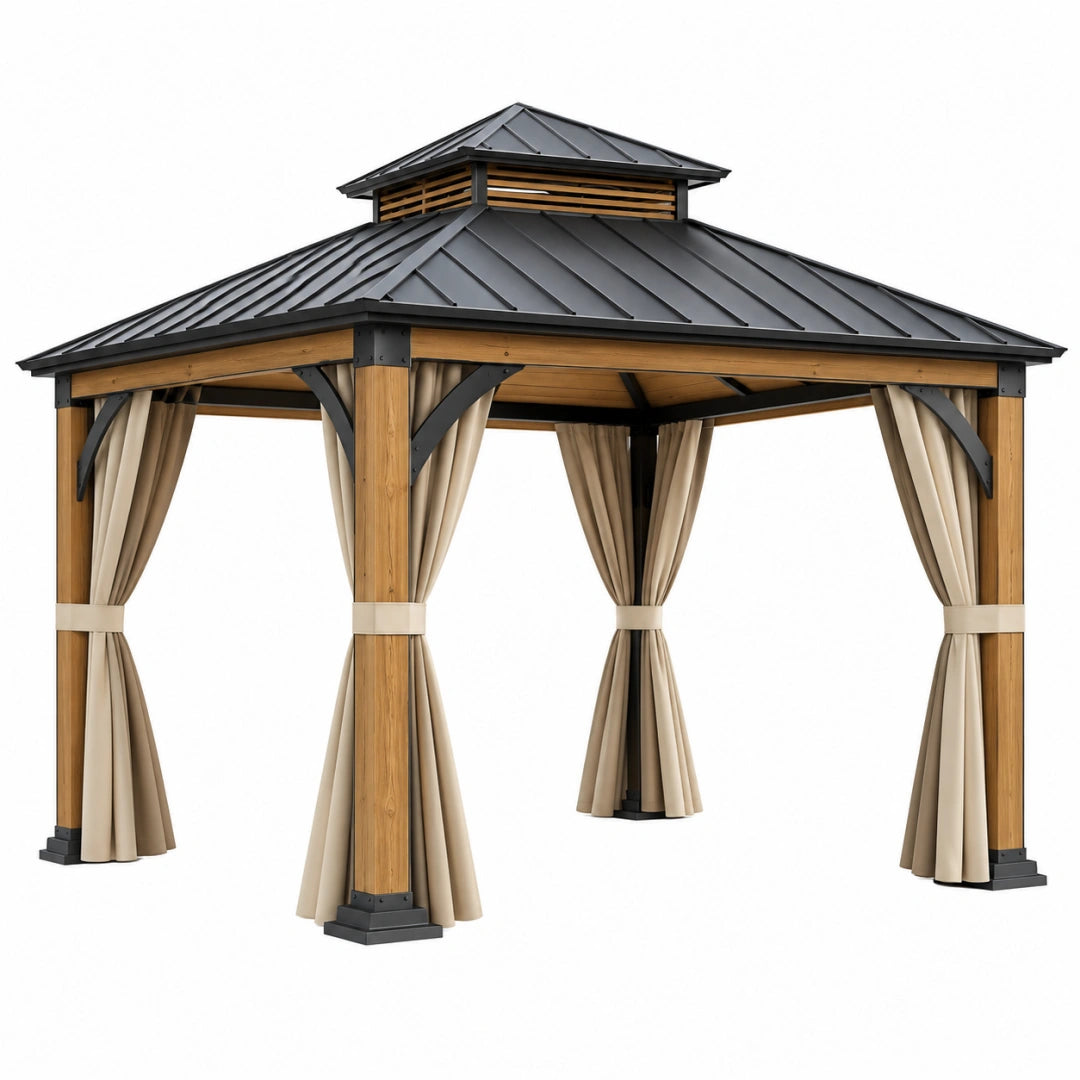 Tonnelle de jardin 300 x 300 cm en bois naturel noir et beige avec toit métallique et rideaux