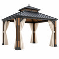 Pavillon de jardin 300 x 300 x 300 cm en métal noir finition bois avec rideaux style contemporain