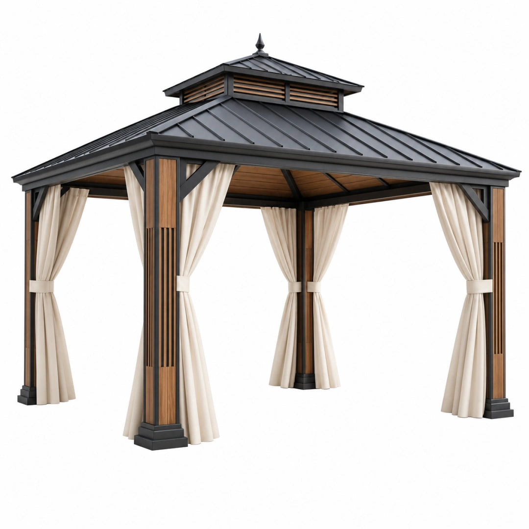 Pavillon de jardin 300 x 300 x 300 cm en métal noir finition bois avec rideaux style contemporain