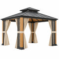 Tonnelle de jardin 300 x 300 x 300 cm en métal noir et finition bois avec rideaux style contemporain
