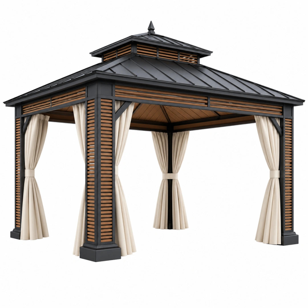 Pavillon de jardin 400 x 400 cm en acier noir et brun avec rideaux style contemporain