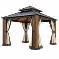 Tonnelle de jardin 300 x 300 cm en métal et bois marron noir avec rideaux style pavillon