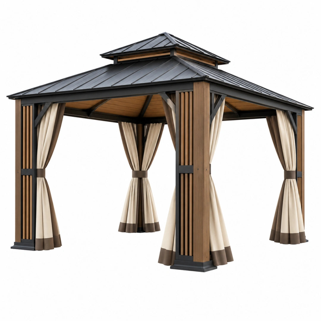 Tonnelle de jardin 300 x 300 cm en métal et bois marron noir avec rideaux style pavillon