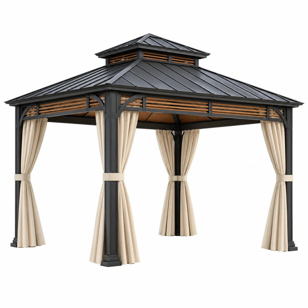 Pavillon de jardin 300 x 300 x 290 cm en métal noir avec rideaux beiges