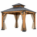 Pavillon de jardin 300 x 300 x 320 cm en bois marron avec toit métal anthracite et rideaux style contemporain