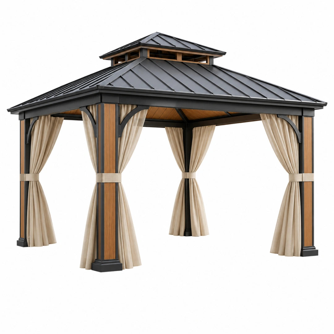 Tonnelle de jardin 300 x 300 x 300 cm en métal noir et finition bois avec rideaux