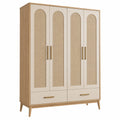Armoire 4 portes 160 x 55 x 200 cm en bois et cannage beige naturel pour rangement style rétro