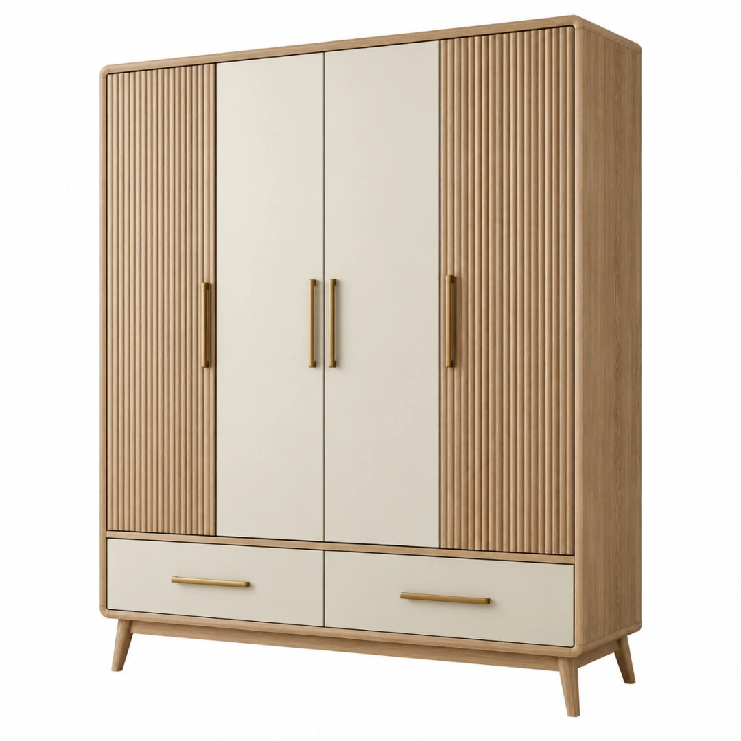 Armoire 160 x 55 x 200 cm en panneaux effet bois beige et chêne à 4 portes et 2 tiroirs style contemporain