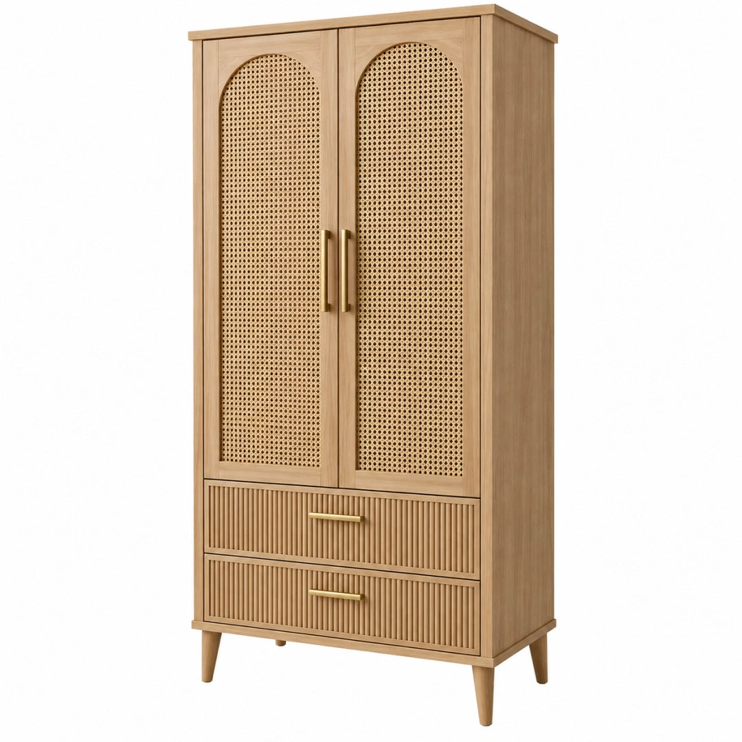 Armoire de rangement 90 x 45 x 180 cm en bois naturel et cannage style vintage