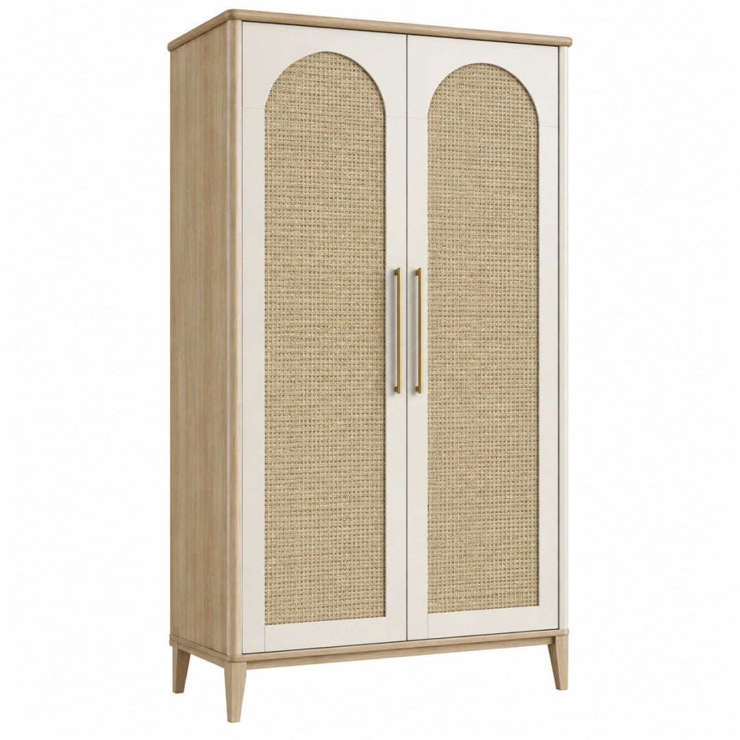 Armoire de rangement 90 x 50 x 180 cm en panneaux effet bois beige avec portes en cannage style naturel