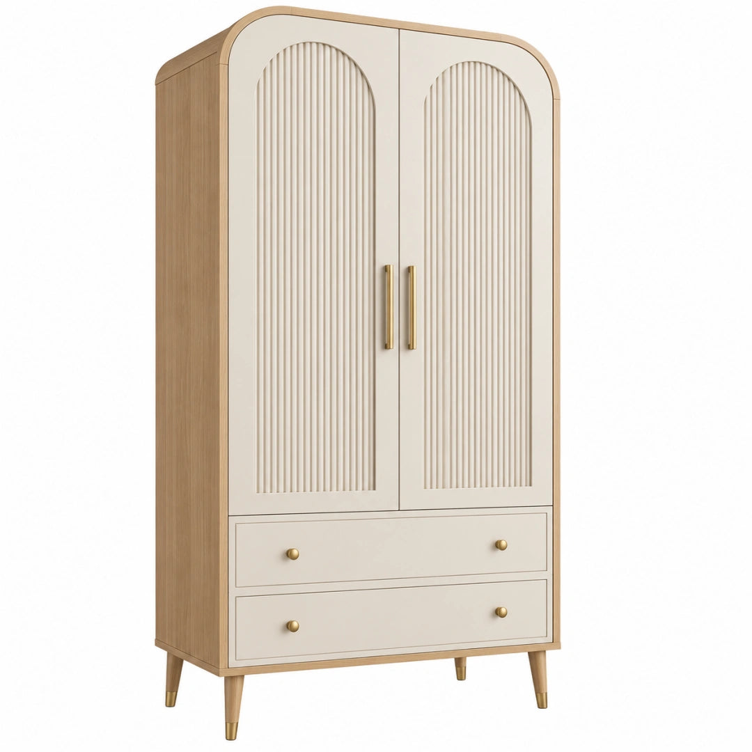 Armoire de rangement 90 x 50 x 180 cm beige et bois à 2 portes avec 2 tiroirs style contemporain