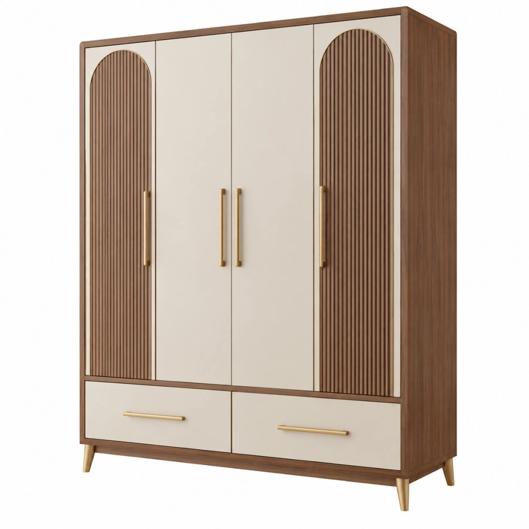 Armoire 120 x 55 x 200 cm en panneaux de bois marron et crème avec 4 portes et 2 tiroirs style contemporain