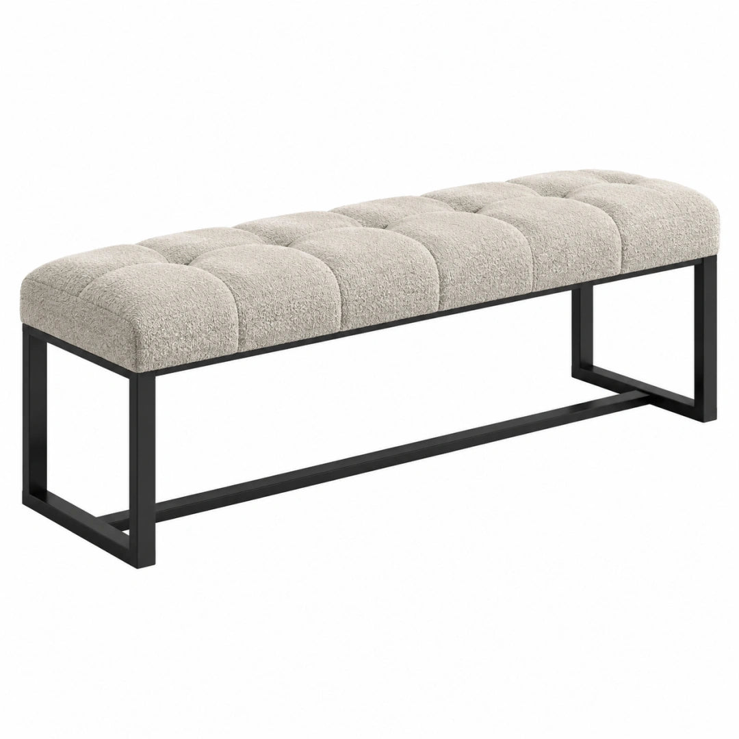 Banc 120 x 40 cm en tissu bouclette beige avec structure métallique noire style contemporain