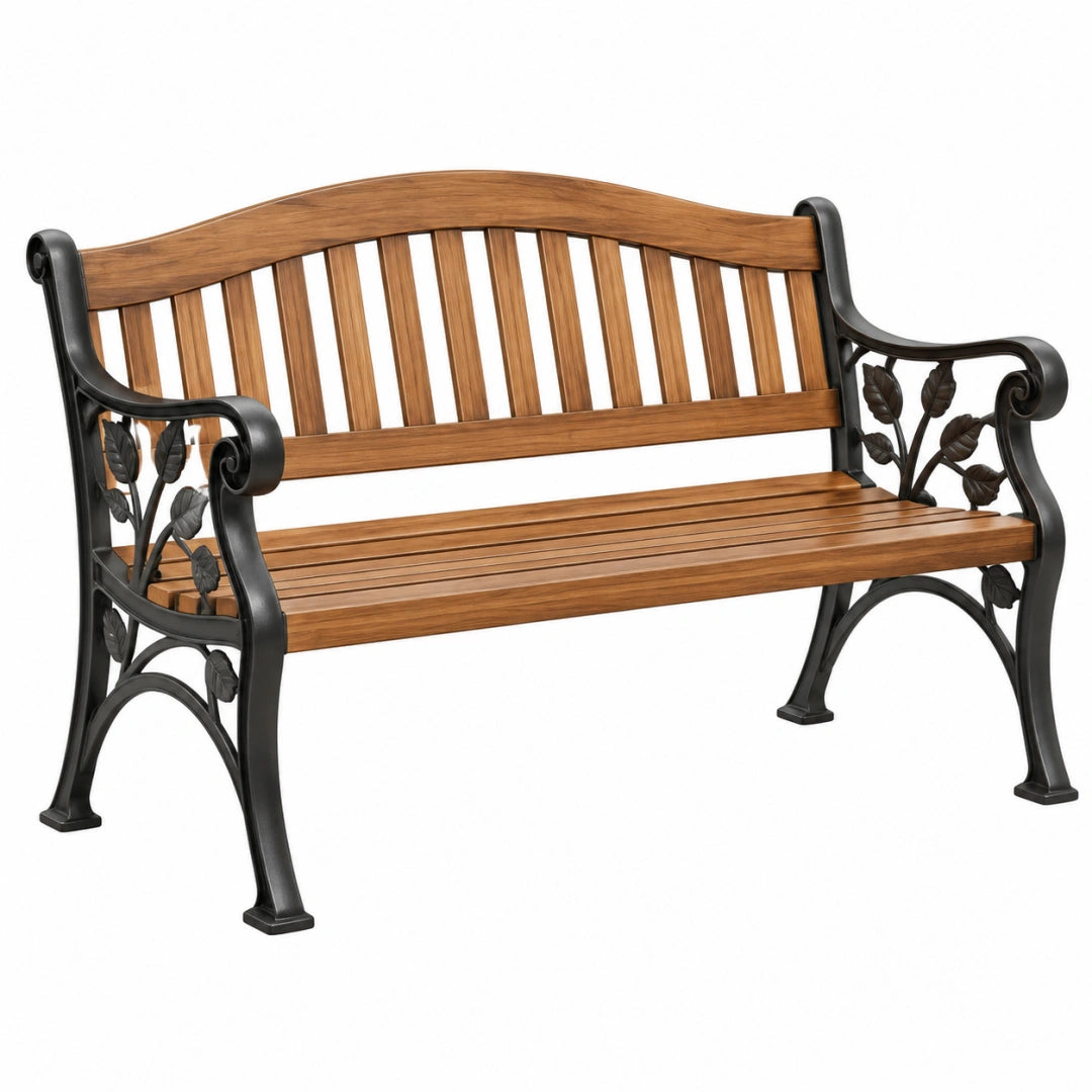 Banc de jardin 120 cm en bois et métal marron noir style classique