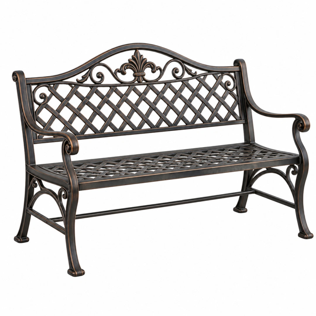 Banc de jardin 122 x 62 x 92 cm en métal noir bronze style classique ajouré