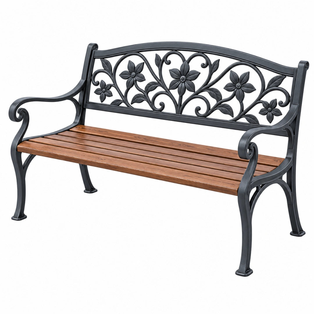 Banc de jardin 125 cm métal noir et bois brun à dossier floral
